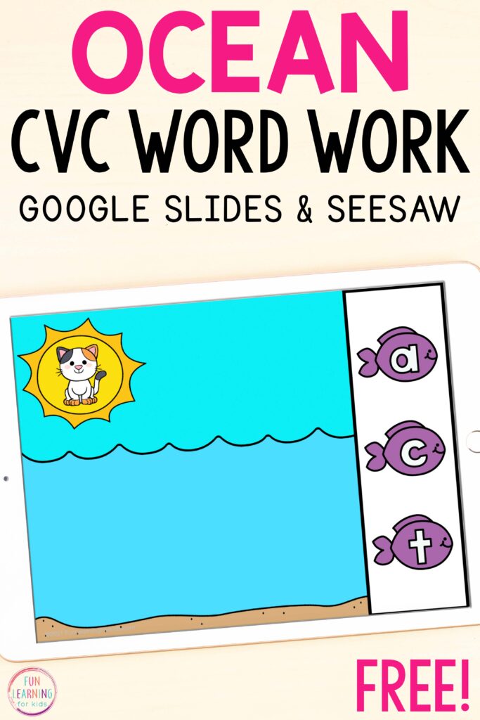 Free ocean theme digital CVC word work activity for Seesaw and Google Slides.