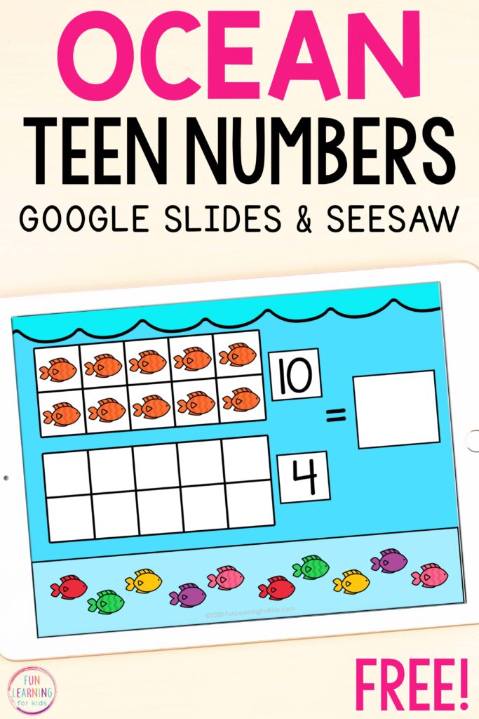 Free digital ocean theme teen numbers addition math activity for Slides and Seesaw.