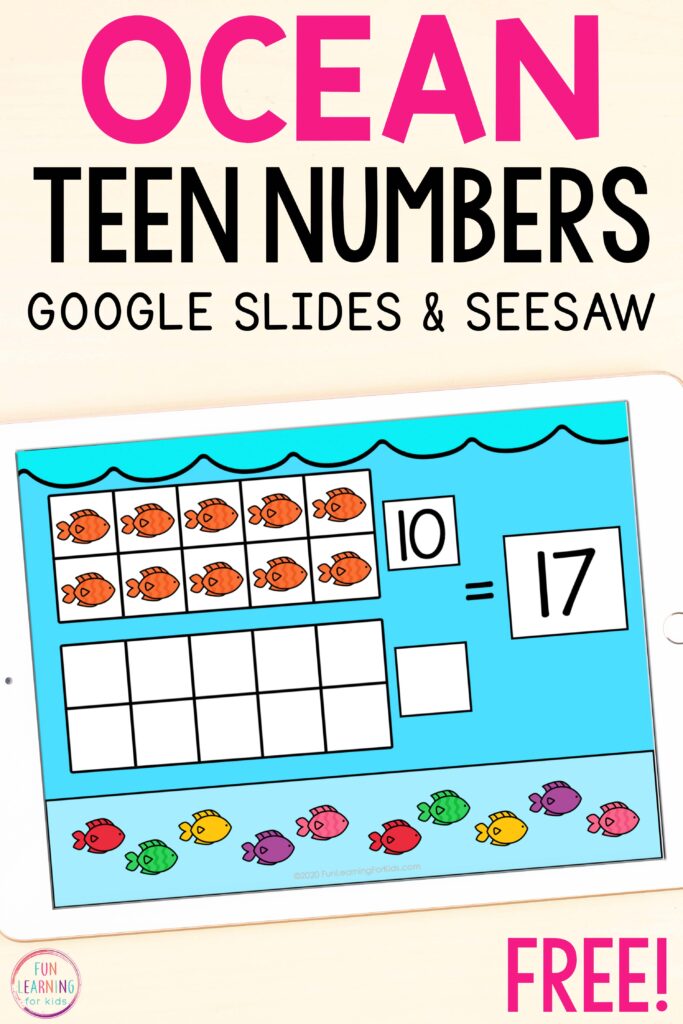 Ocean themed elementary math activity for teaching teen numbers on Google Slides and Seesaw.