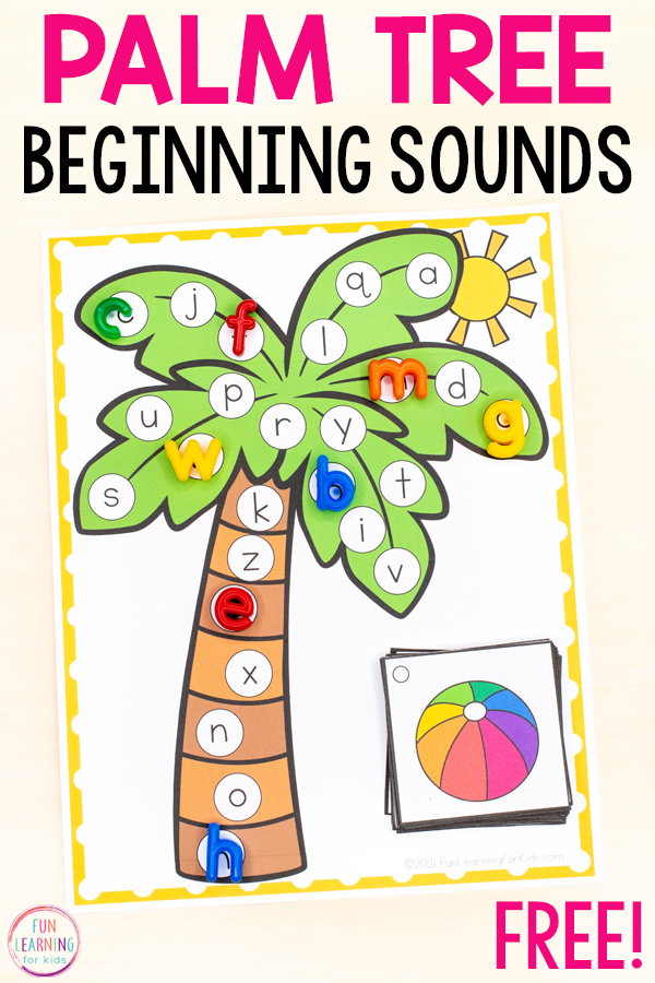 Free printable palm tree beach theme beginning letter sounds activity.