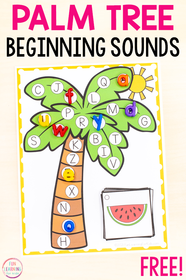 Free printable palm tree summer theme beginning letter sounds matching activity.