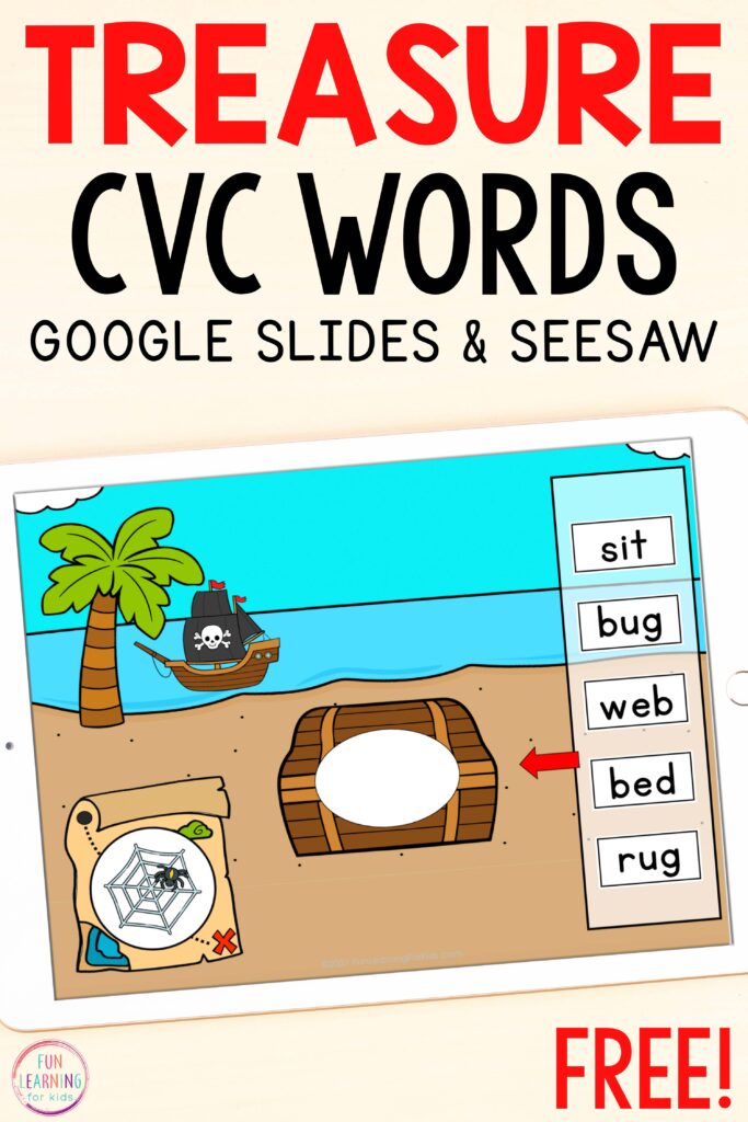 Free treasure hunt CVC word work activity for Seesaw and Google Slides.