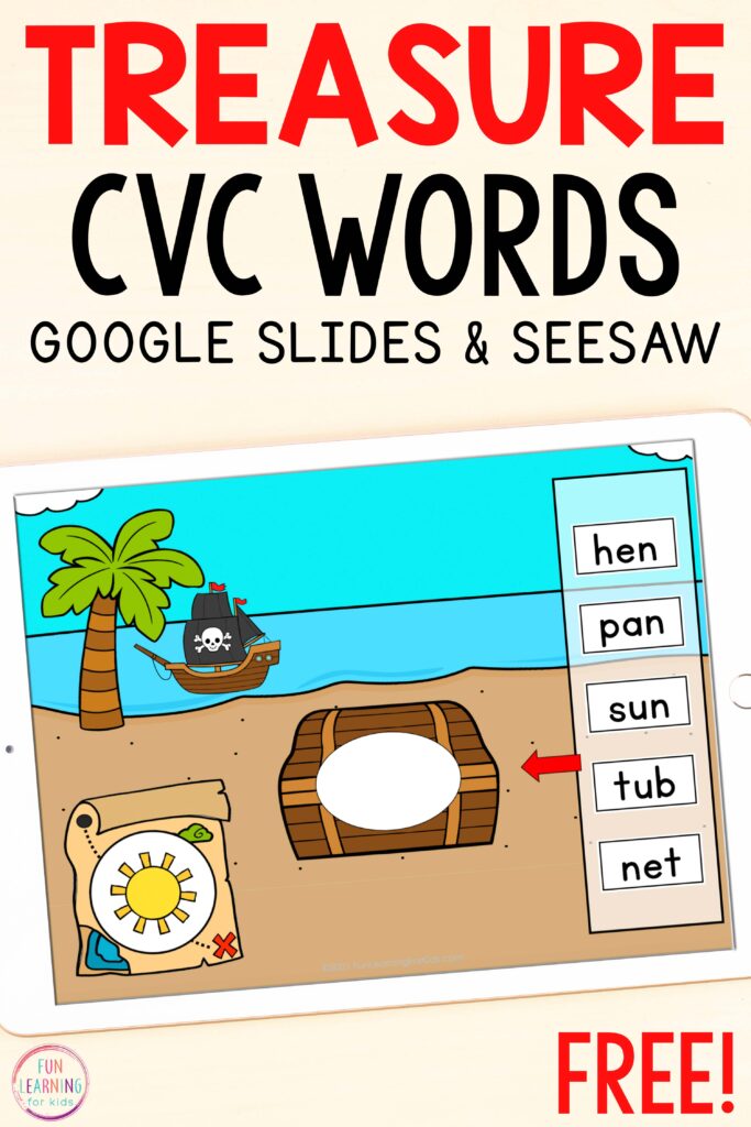 Free digital CVC word work activity for your summer theme or pirate theme plans.