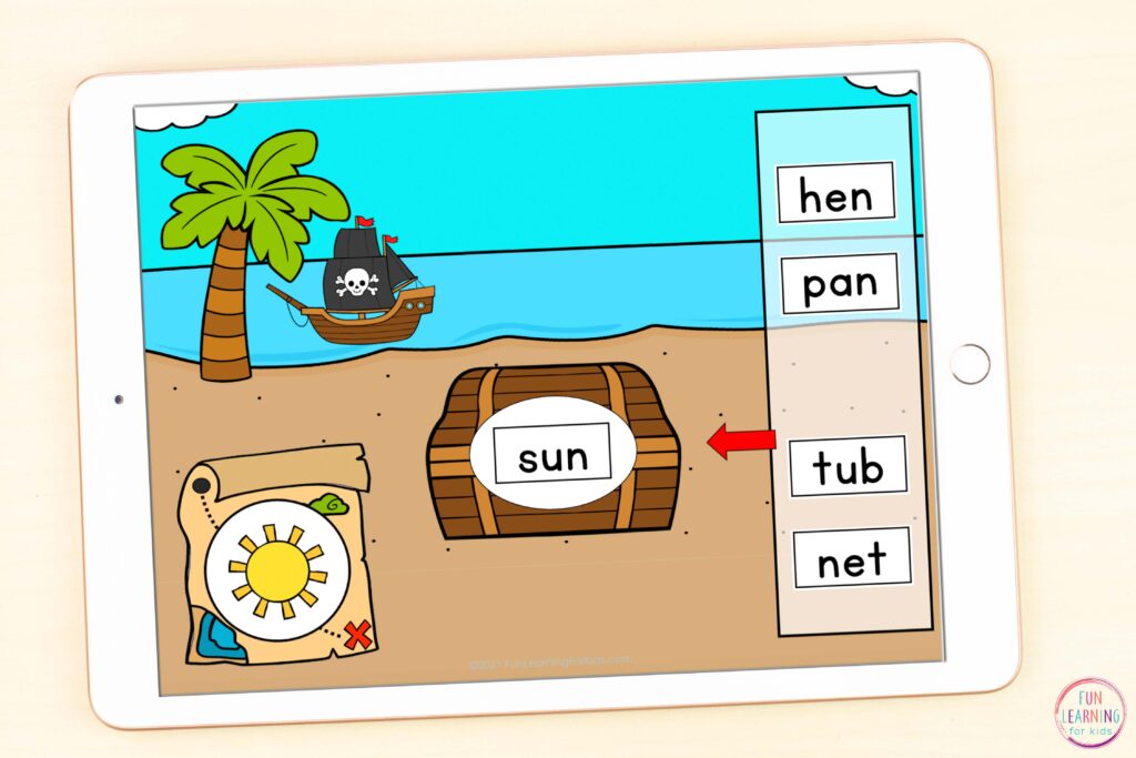 Free digital CVC word work matching activity for Seesaw and Google Slides.