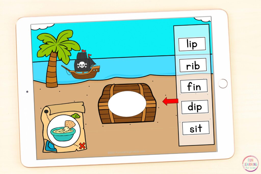 A fun digital treasure hunt CVC words resource for online virtual learning.