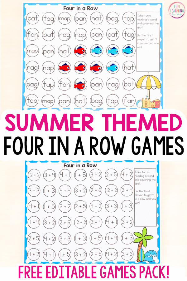 Free editable summer theme games pack for math and literacy skills.