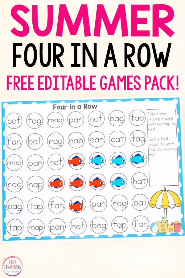 Free four in a row editable games for math and literacy skills.