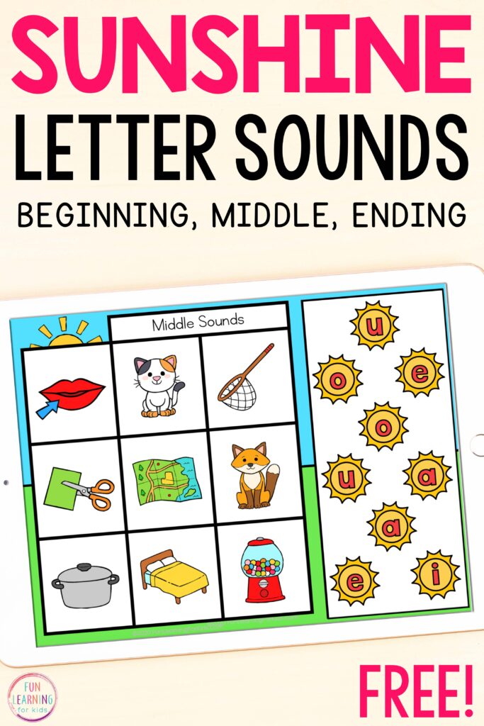 Free sun theme digital phonics activity for practicing letter sound isolation while using Seesaw and Google Slides.