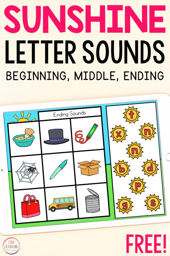 Free Google Slides and Seesaw letter sound isolation phonics activity with a summer sun theme.