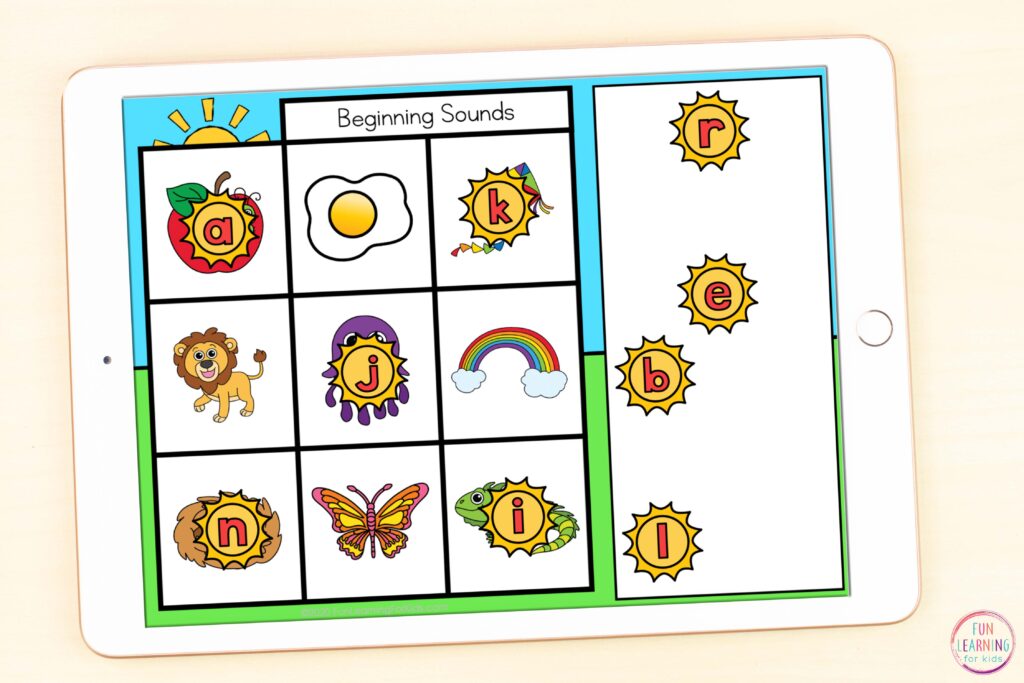Free paperless summer theme letter sounds activity for learning beginning, middle, and ending sounds.