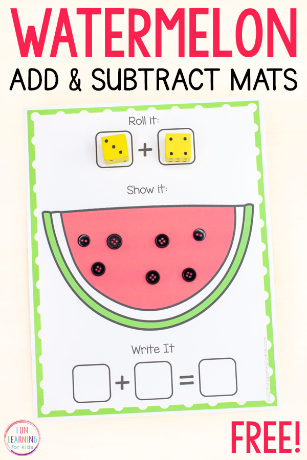 Free printable addition and subtraction mats with a watermelon theme for summer.