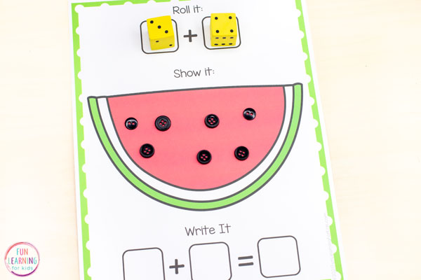 Printable watermelon themed addition and subtraction mats for fun summer math learning.