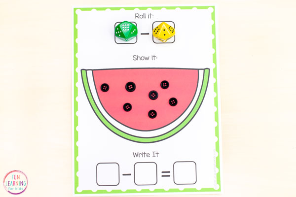 Summer watermelon addition and subtraction math activity for kids in kindergarten and first grade. 