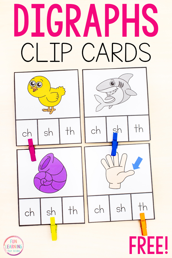 Free printable beginning digraphs clip cards for literacy centers in kindergarten, first grade or second grade.