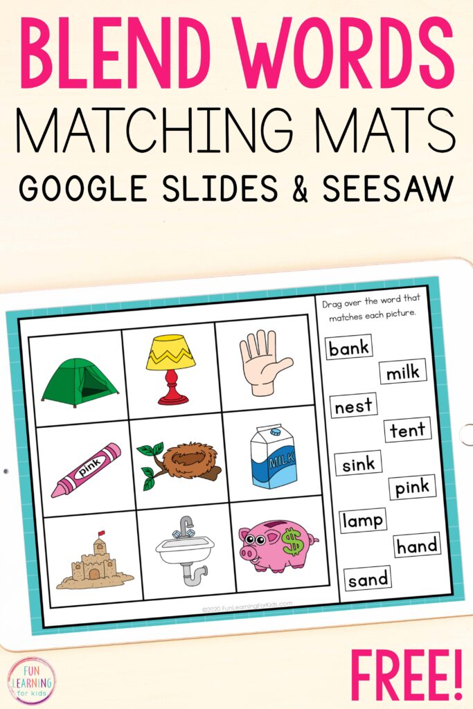 Free digital blend words reading activity for Google Slides and Seesaw.