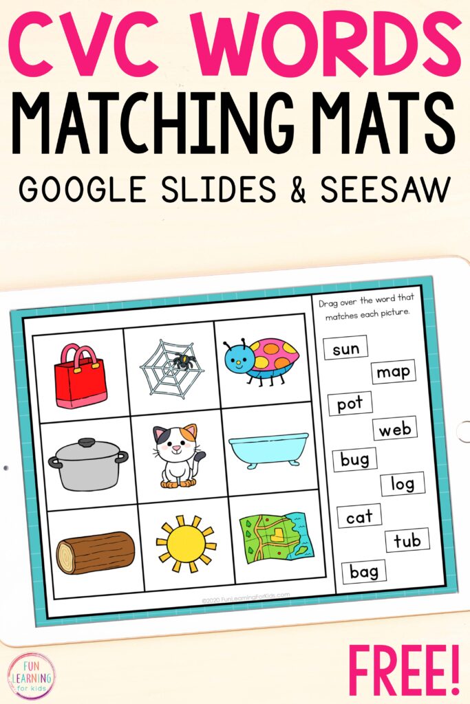 Free digital CVC words matching mats for Google Slides and Seesaw.