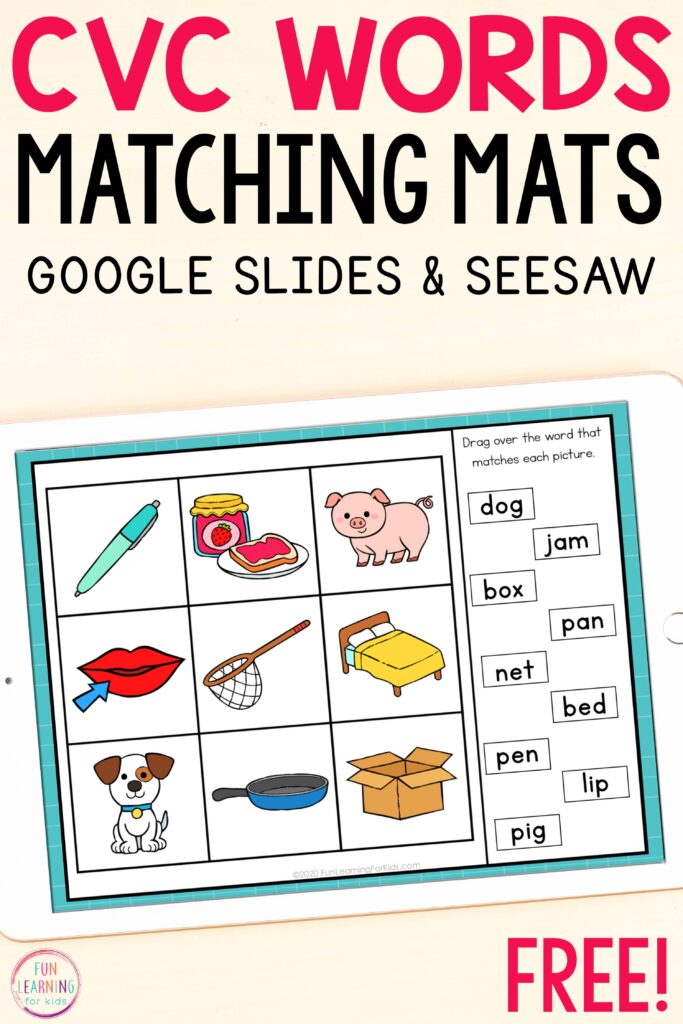 Free CVC words digital reading activity for Google Slides and Seesaw.