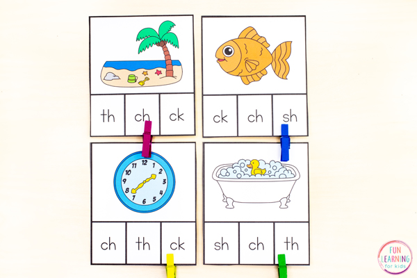Printable ending digraphs clip cards reading activity for students who are learning to read.