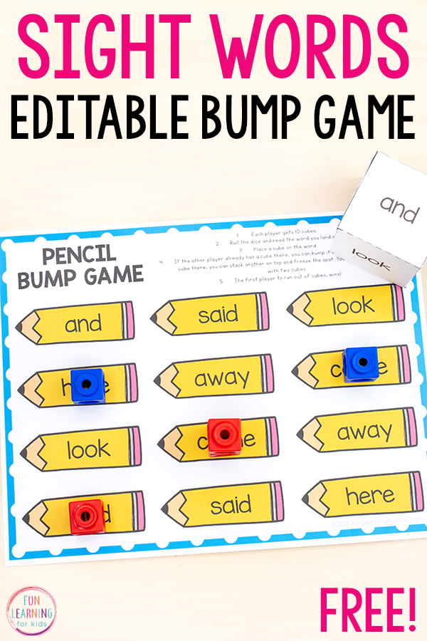 Free printable sight words bump game for your back to school theme literacy centers.