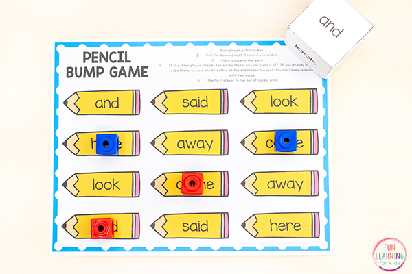Free printable pencil theme bump game for back to school literacy centers.