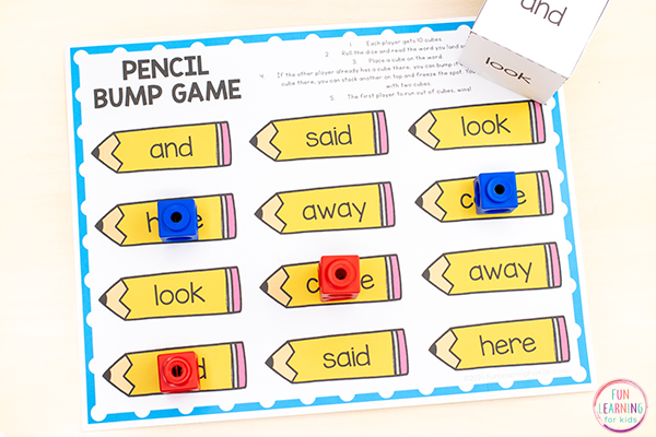 Free editable sight words bump game for back to school reading centers in kindergarten, first grade and second grade.