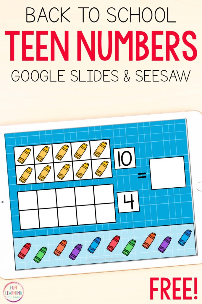 A free digital back to school theme teen numbers math activity for Google Slides and Seesaw.