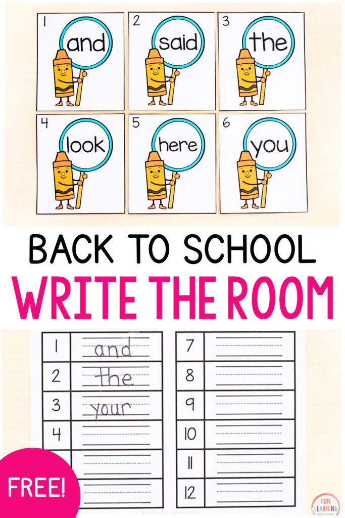 Free printable back to school theme write the room activity for kindergarten, first grade and second grade.