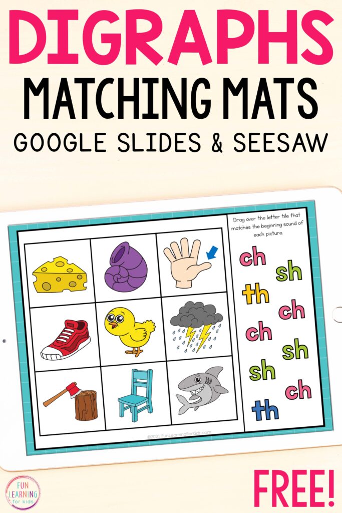 Free digraph matching mats for Google Slides and Seesaw. Students look at the pictures on the mat and drag over the corresponding digraph letter tile.