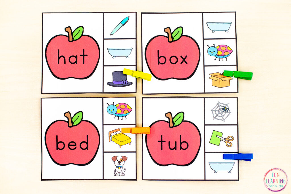 Free printable apple theme phonics activity for learning to decode CVC words. 