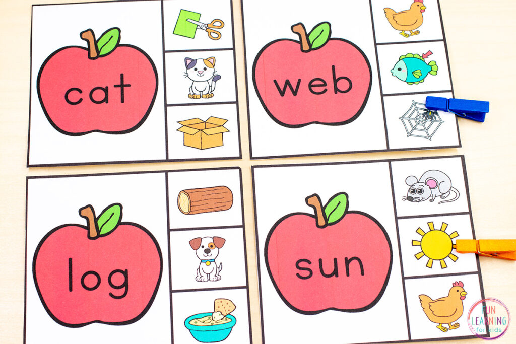 Printable apple CVC clip cards for learning to decode CVC words in kindergarten and first grade.