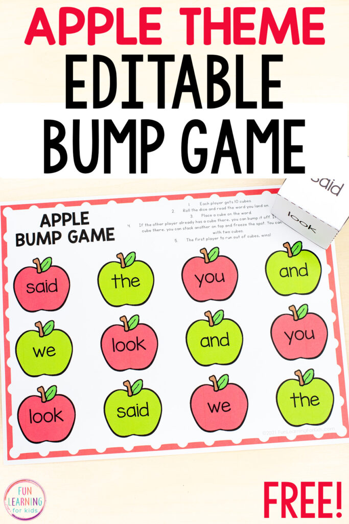 A free printable apple theme editable word work game for sight words, CVC words, spelling words, phonics skills and more!