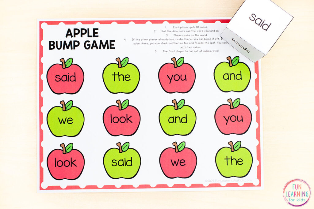 Free printable apple theme bump game that is editable and perfect for lots of fun word work this fall.