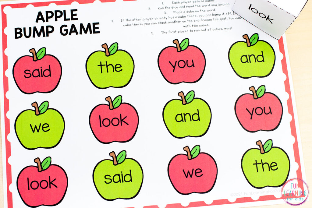 A fun apple theme editable bump game for learning words or math facts!