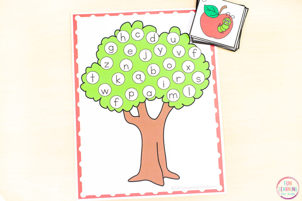 Free printable letter sounds phonics activity with an apple theme.