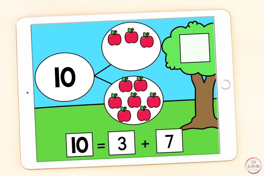 An apple theme math activity for finding the number that makes 10 when added to the given number. 