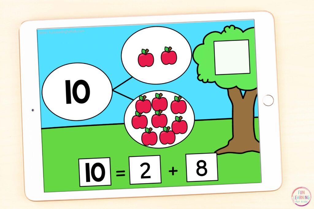 Free digital fall math center resource for making ten while using Seesaw and Google Slides.