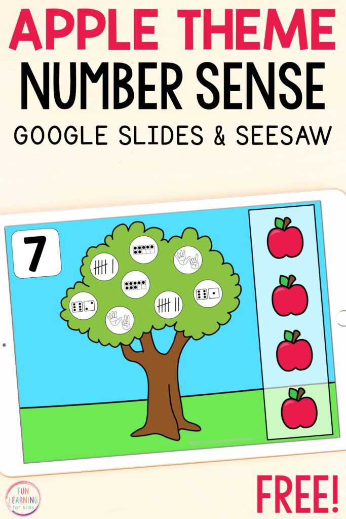 Free digital apple theme number sense activity for fall math centers while using Google Slides and Seesaw.