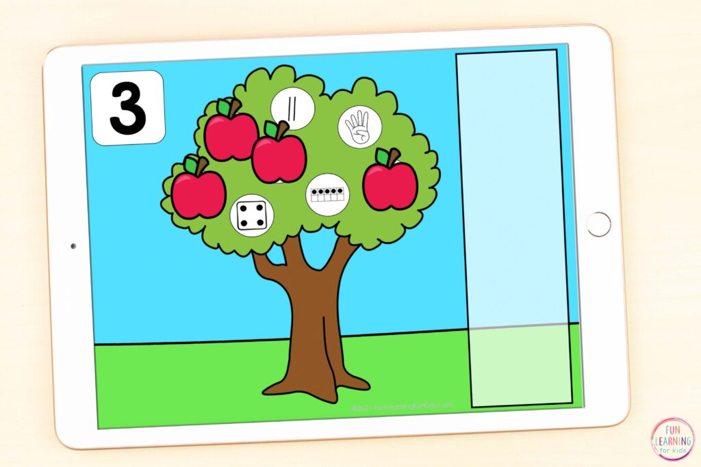 Free apple number sense activity for learning number identification and counting while using Google Slides or Seesaw.