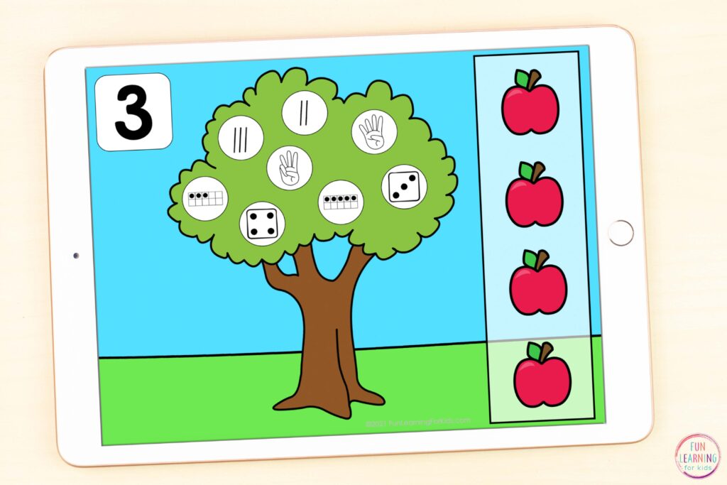 A free digital apple number sense activity for learning number recognition and counting. 
