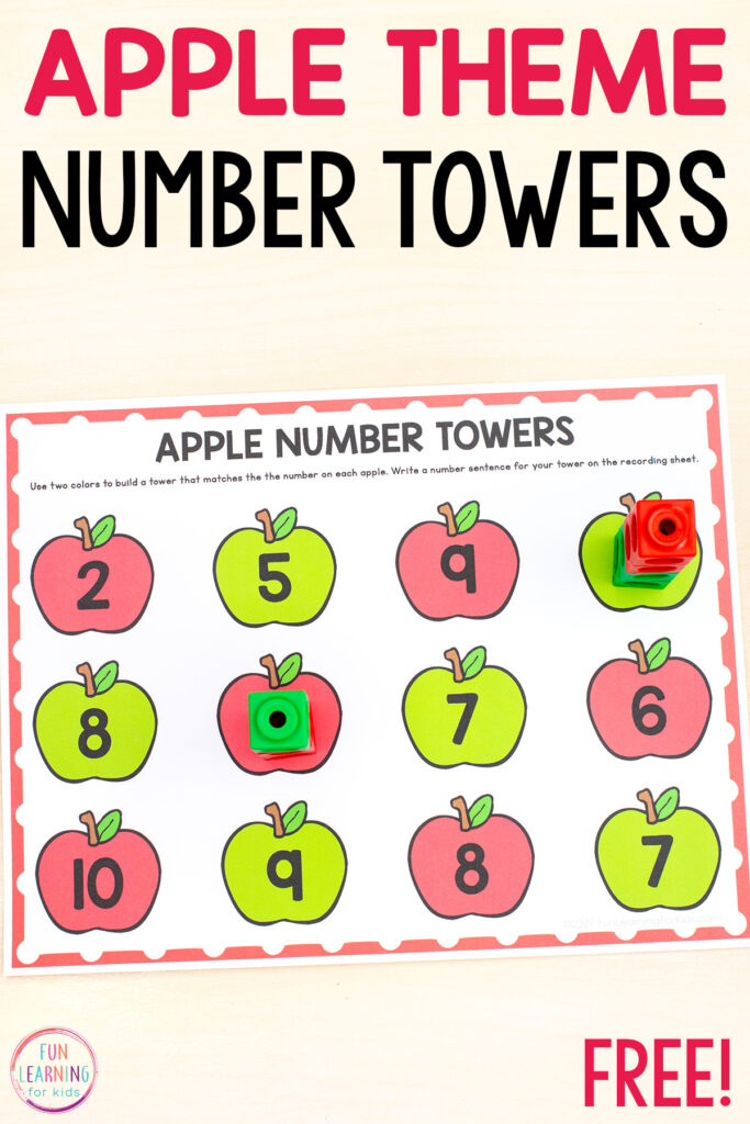 Free printable apple theme number sense activity for composing and decomposing numbers to ten in kindergarten and first grade.