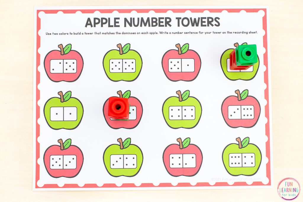 Free printable number sense math activity for apple theme fall math centers.