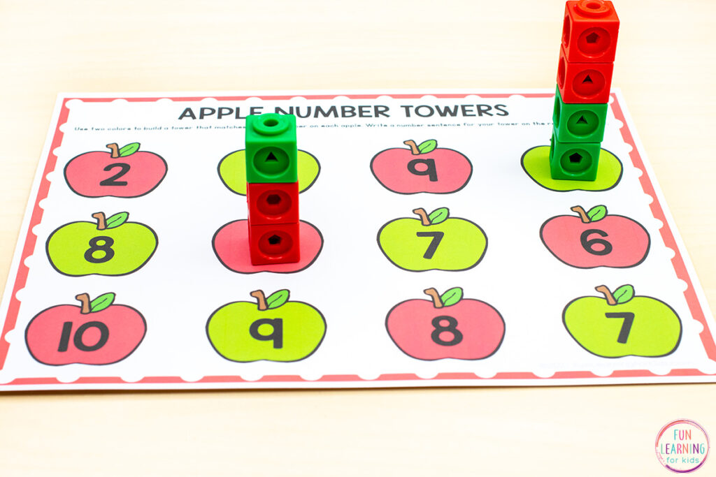 A free number sense math activity for learning to count, subitize, compose and decompose numbers and build number sentences.
