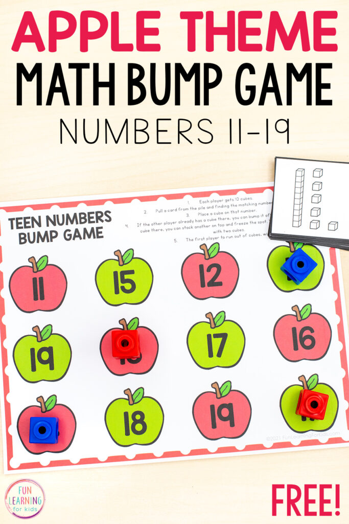 Free printable apple theme math game for developing number sense while learning about teen numbers.