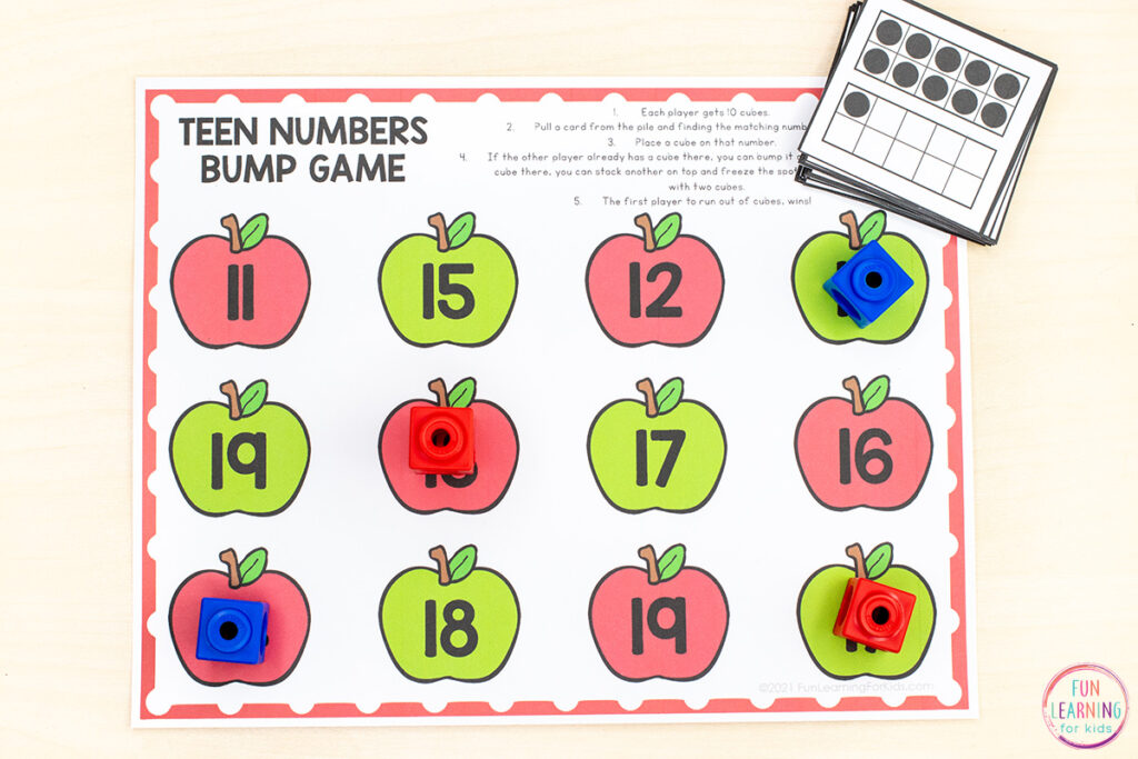 Free printable apple math activity for learning that teen numbers consist of a ten and some ones.