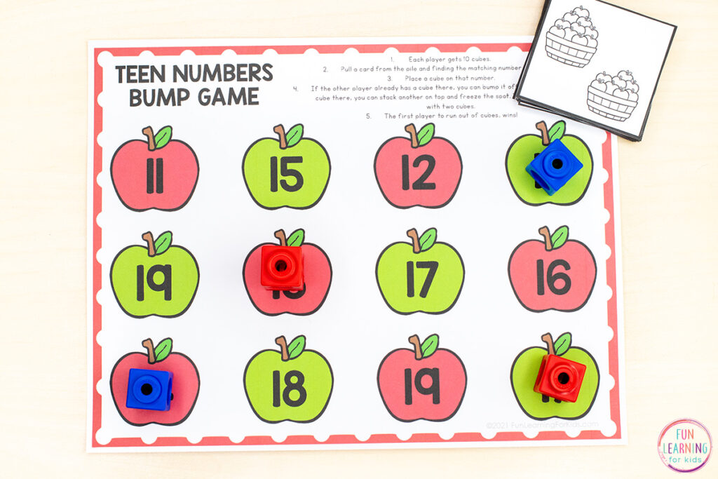 Printable math game for learning about numbers 11-19 and developing number sense such as counting, subitizing.