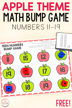 Apple number sense teen numbers game for kindergarten and first grade.