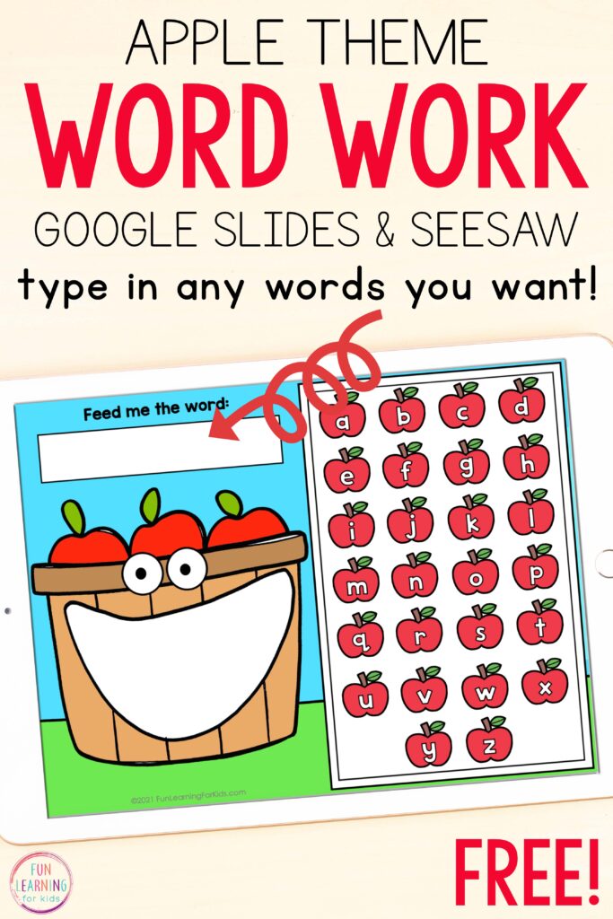 Free digital apple word work mats for Google Slides and Seesaw.