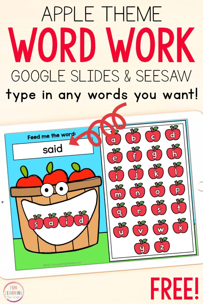 Free apple theme editable word work activity for literacy centers this fall.