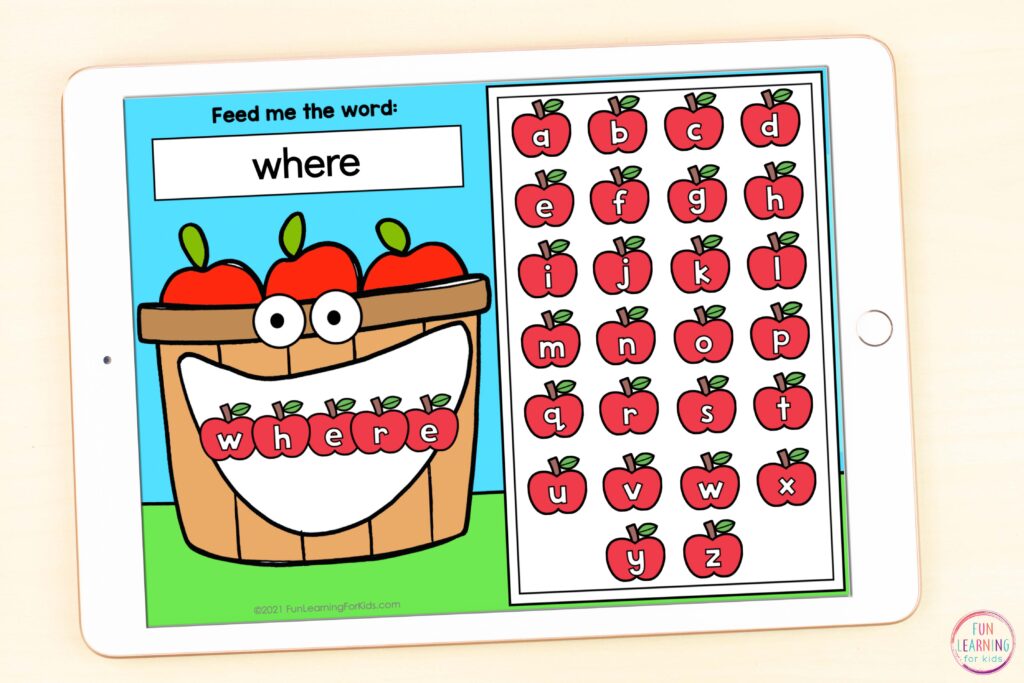 An apple themed digital word work activity for virtual learning or literacy centers.