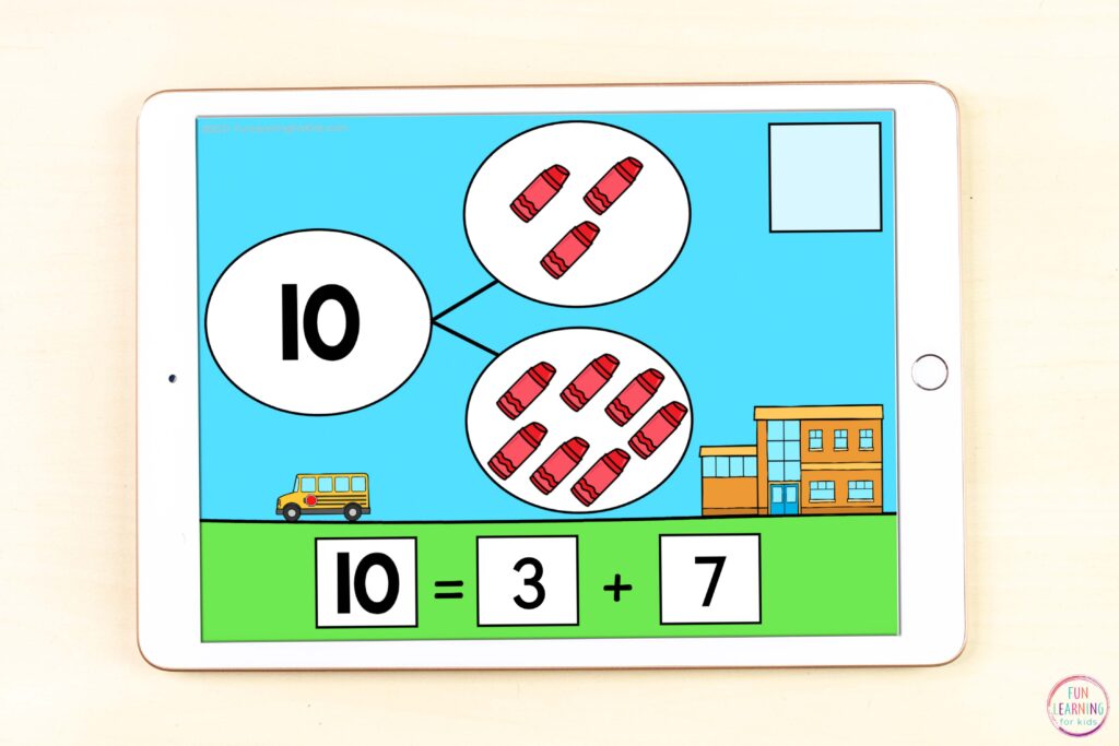 Making ten number sense math activity for kindergarten and first grade math centers.